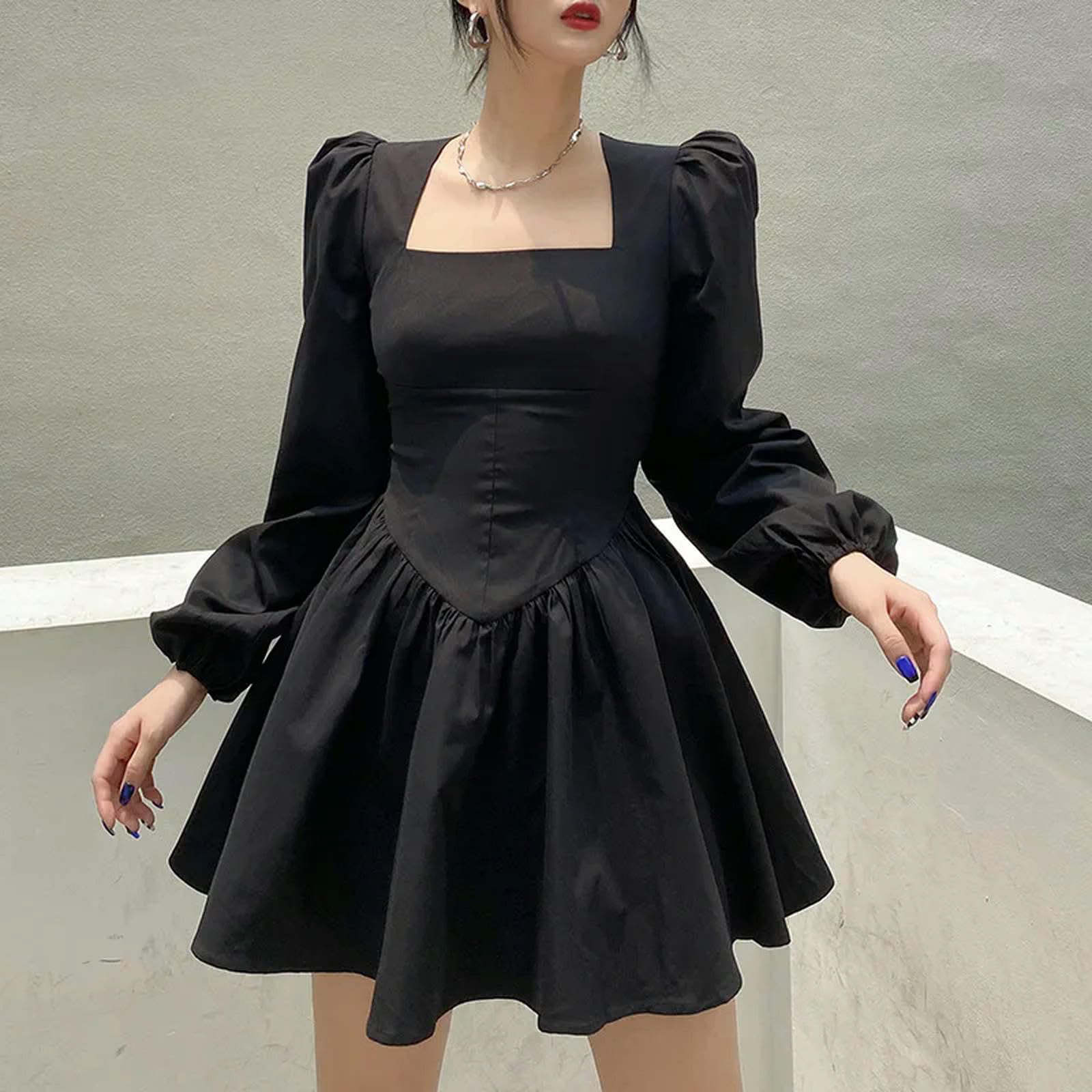 Vestido Ajustado de Corte A para Mujer, Vestido Corto con Cuello Cuadrado y Mangas largas abullonadas para Fiesta Informal, Negro, L