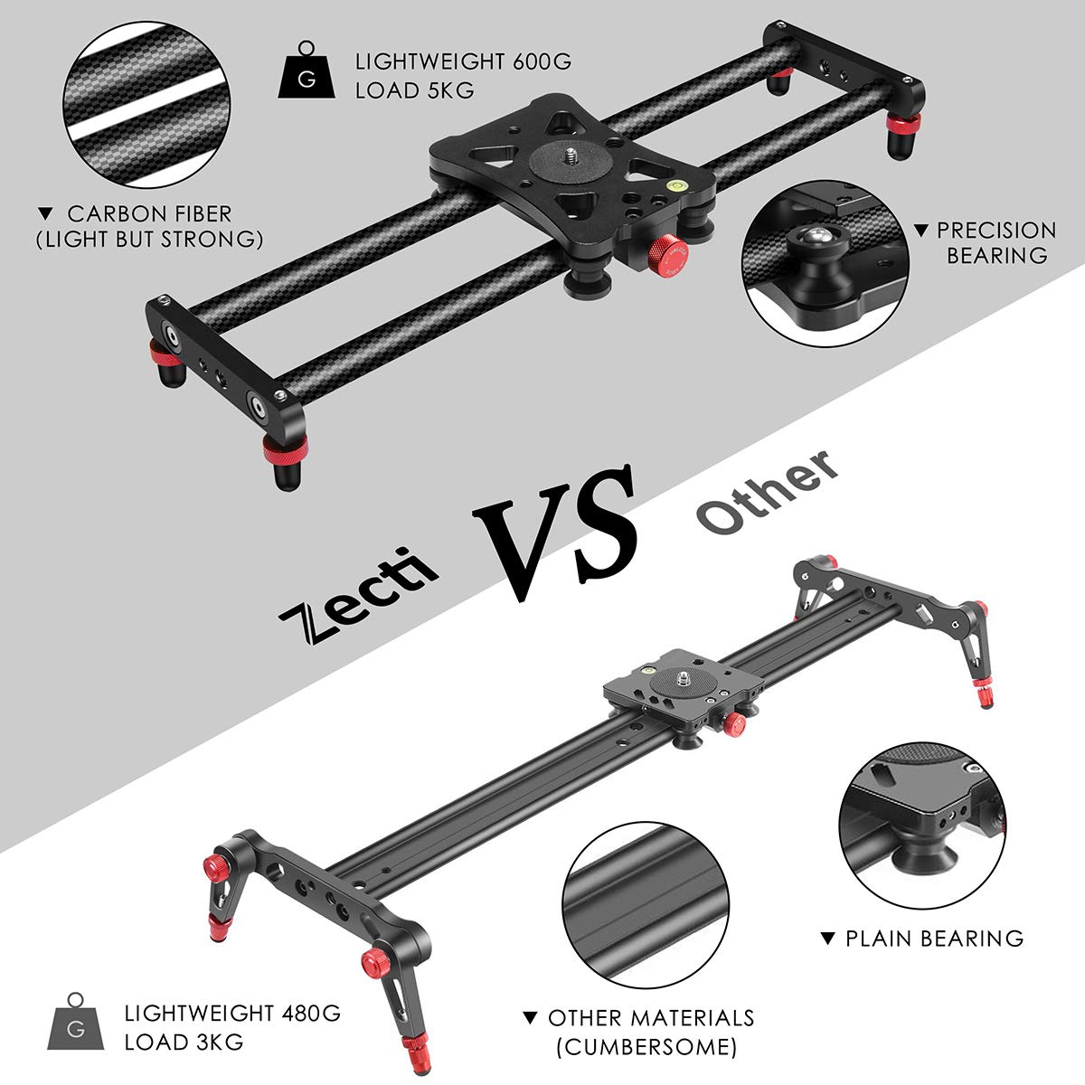Zecti Slider della Fotocamera Slitta Portatile da 15,7"/40cm in Fibra di Carbonio per Telecamera, Sistema Dolly con 4 Cuscinetti per Fotografare e Filmare