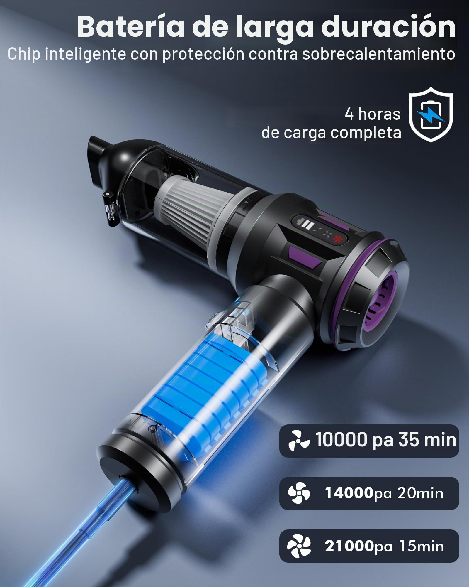 Aspirador de mano con batería para aspiradora de mano con pantalla digital e iluminación LED, 21000 Pa sin escobillas Motor Aspirador Coche Aspiradora de 3 etapas Mini Aspiradora Adecuado para