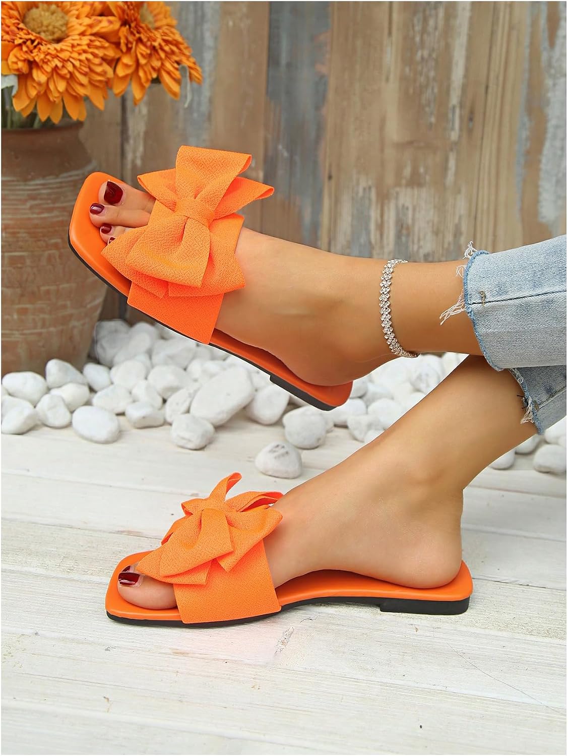 Verdusa Women's Bow Slide Sandals Open Toe Slip On Summer Flat Sandals
