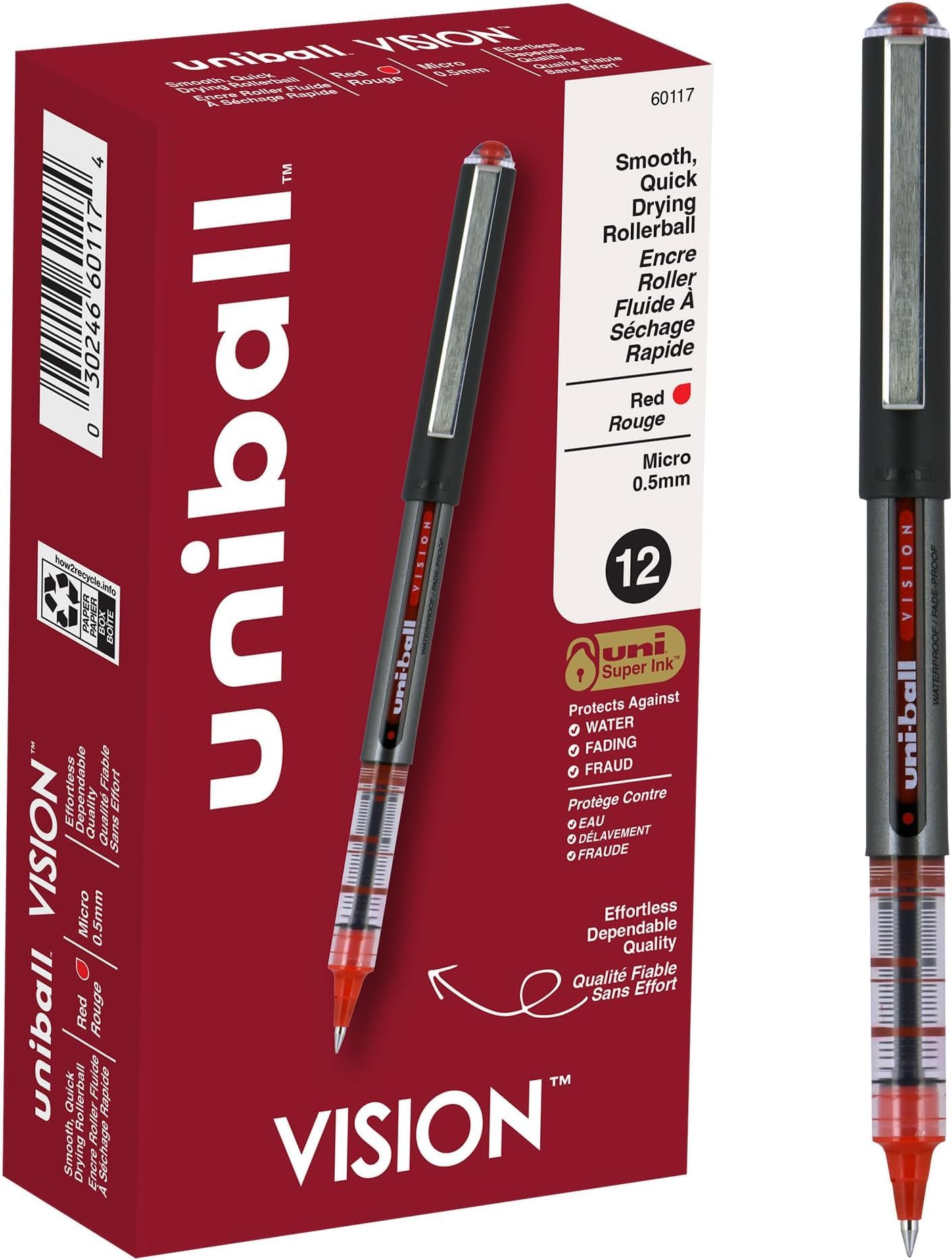 uniball Vision Roller Ball Pen, Stick, Micro 0.5 Mm, Red Ink, Gray/red Barrel, Dozen (Pack of 12)