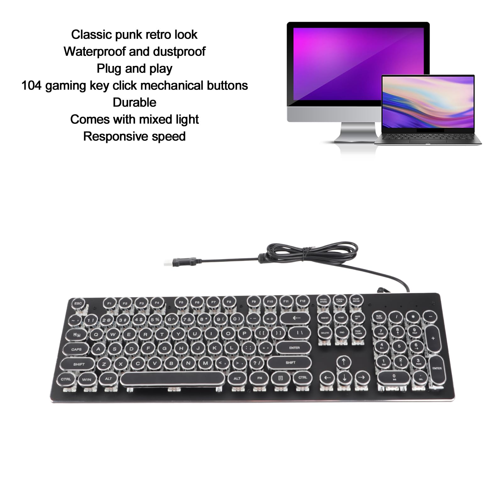 Czarna Klawiatura do Pisania HJK920 Przewodowa Klawiatura ze 104 Klawiszami Ergonomiczna Konstrukcja Mieszane, Wrażliwe na światło Kliknięcia na PC/Laptop (BLACK)