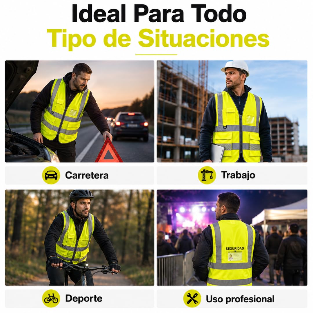 Chaleco Reflectante con Bolsillos y Cremallera Pack 2 Unidades | Chaleco Reflectante Homologado DGT Alta Visibilidad ISO 20471 | Chaleco Seguridad Trabajo Coche Moto Bicicleta Talla L Universal