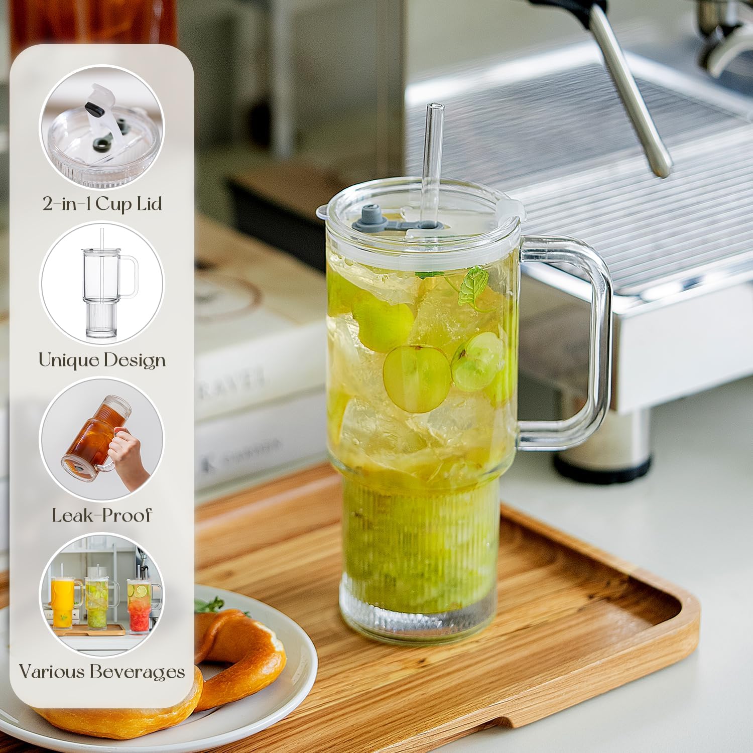 KEMORELA 2-Pack 26oz Ribbed Glass Tumblers with Handle and Lid – Large Aesthetic Iced Coffee Cups with Straws, Modern Textured Glass Mugs for Smoothies, Tea, Juice & Cold Beverages, Dishwasher Safe - Image 6