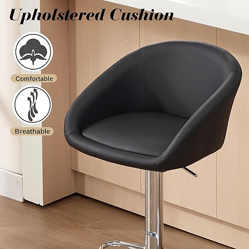 Miniatura 5 de Juego de 2 taburetes de bar, modernos taburetes de bar giratorios de piel sintética, silla de isla ajustable con base de metal plateado reposapiés