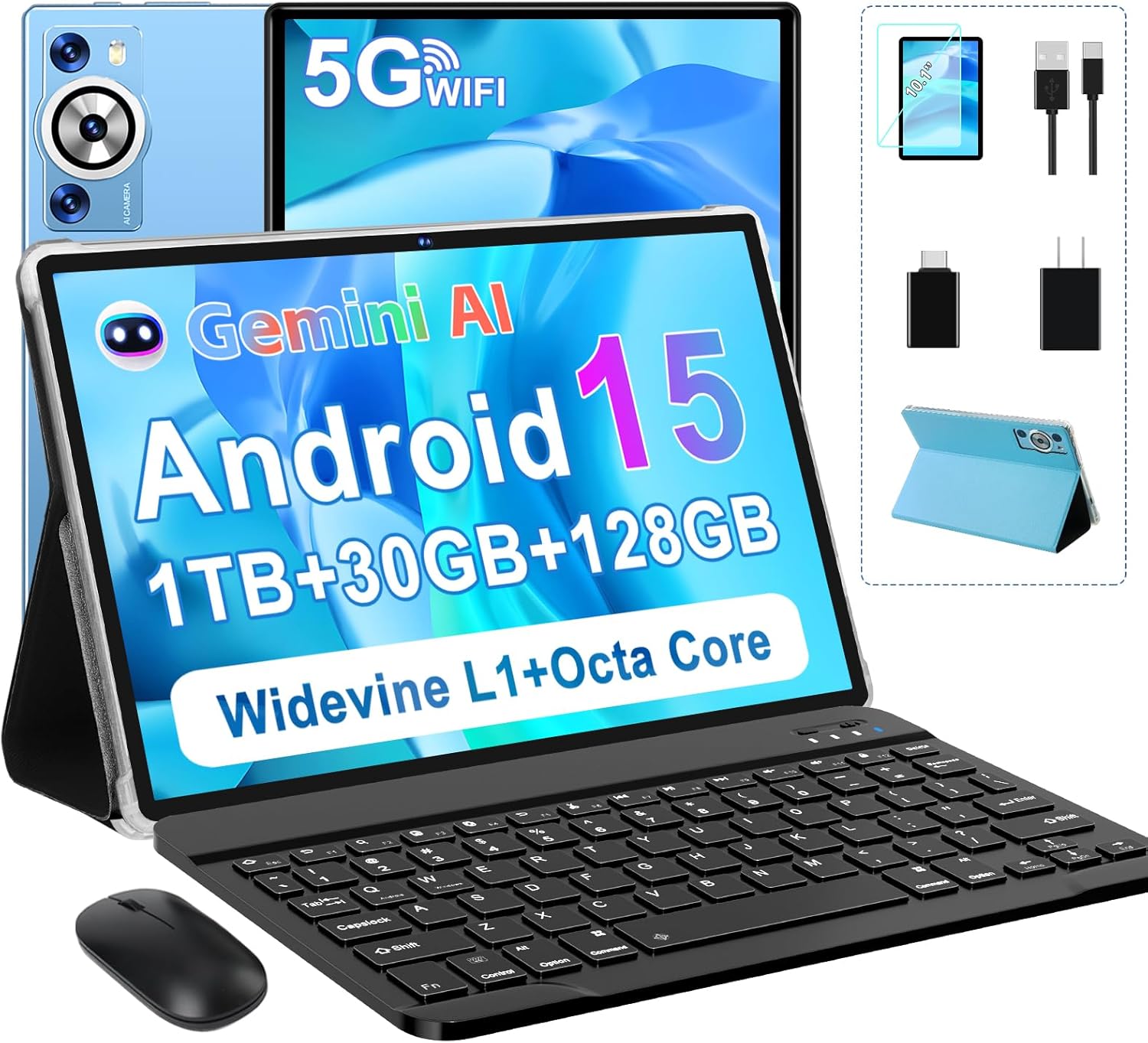 Android 15 Tablet 30GB RAM 128GB ROM 1TB TF, 2025 Electronics Tablets 10.1 Inch 8000mAh with Keyboard Mouse, 2.0GHz, 5G WiFi, BT 5.0, GMS Certified, Incell Display, Gemini AI - Metal Blue - Image 1 of 7