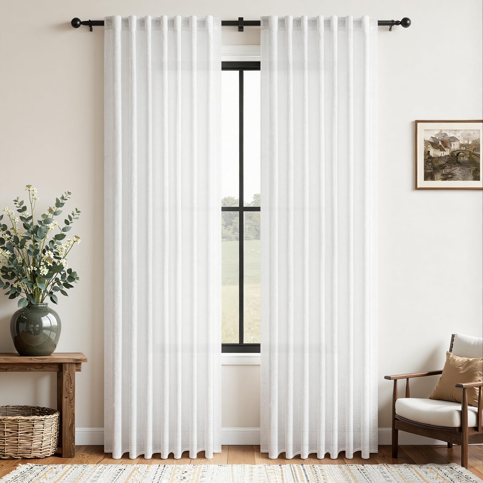 CUTEWIND Gardinen Leinenoptik Vorhang mit Kräuselband Halbtransparent Vorhänge Wohnzimmer Schlafzimmer Kinderzimmer Modern