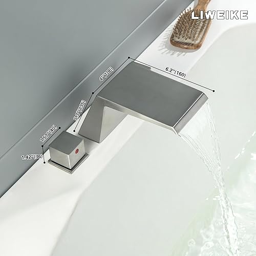 Miniatura 6 de LIWEIKE Juego de grifos de bañera romana de montaje en cubierta, níquel cepillado con 2 manijas para grifo de bañera de cascada de 3 agujeros