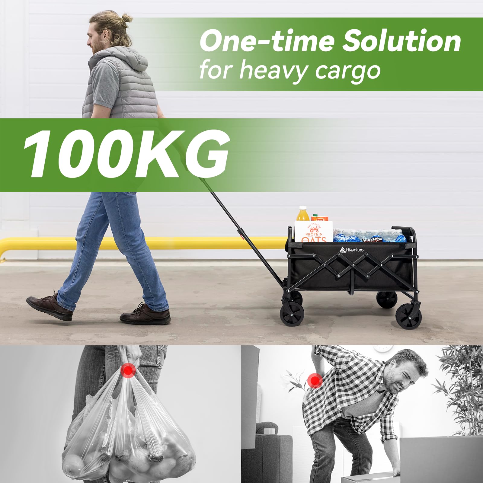 HIKENTURE Bollerwagen Faltbar 65Liter&100KG belastbar - Wiegt nur 4,9KG- Extrem Faltbarer Bollerwagen - Klappbarer Handwagen Einkaufstrolley für Strand Camping Einkauf