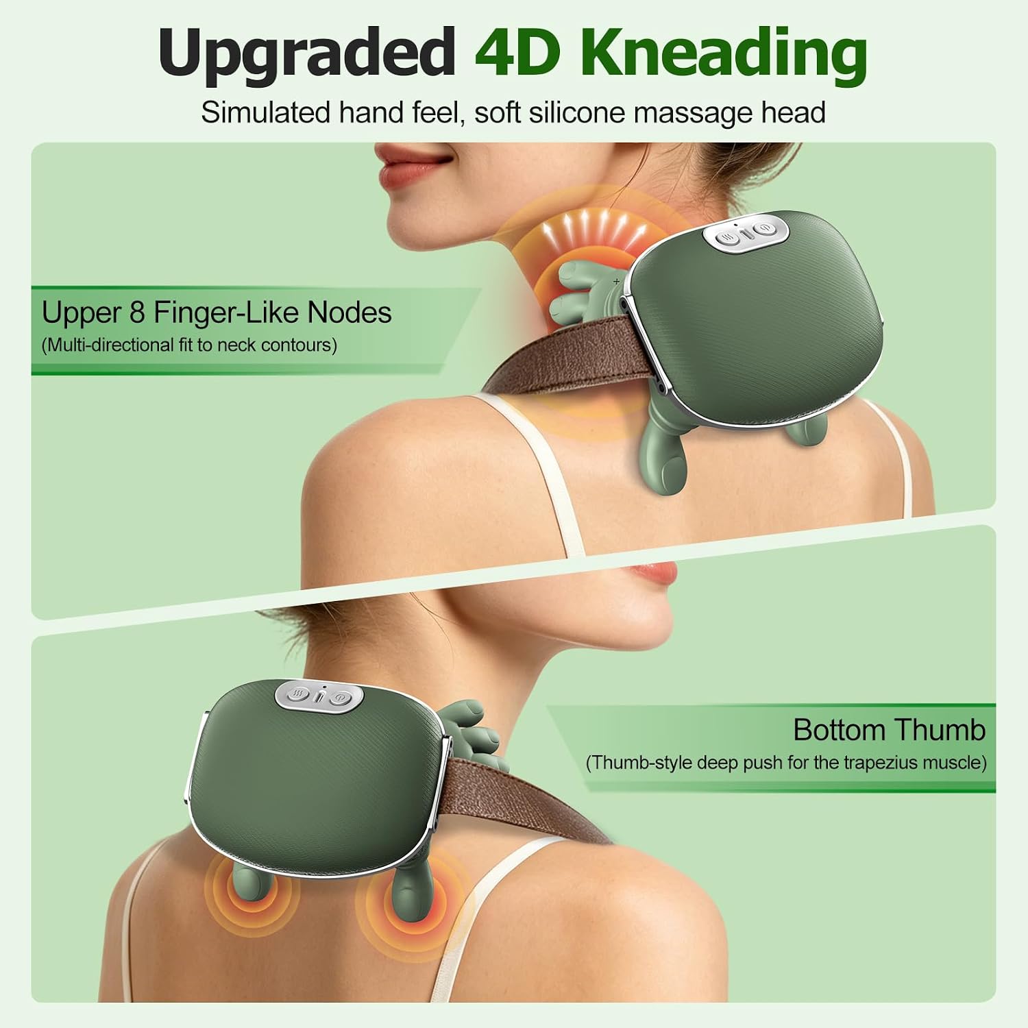 HZD Neck and Shoulder Massager with Heat, 2026 Upgraded 4D Bionic Hand-Simulated Kneading Massager for Back Relaxation, Wireless Portable with Ergonomic Shell Design (Green)