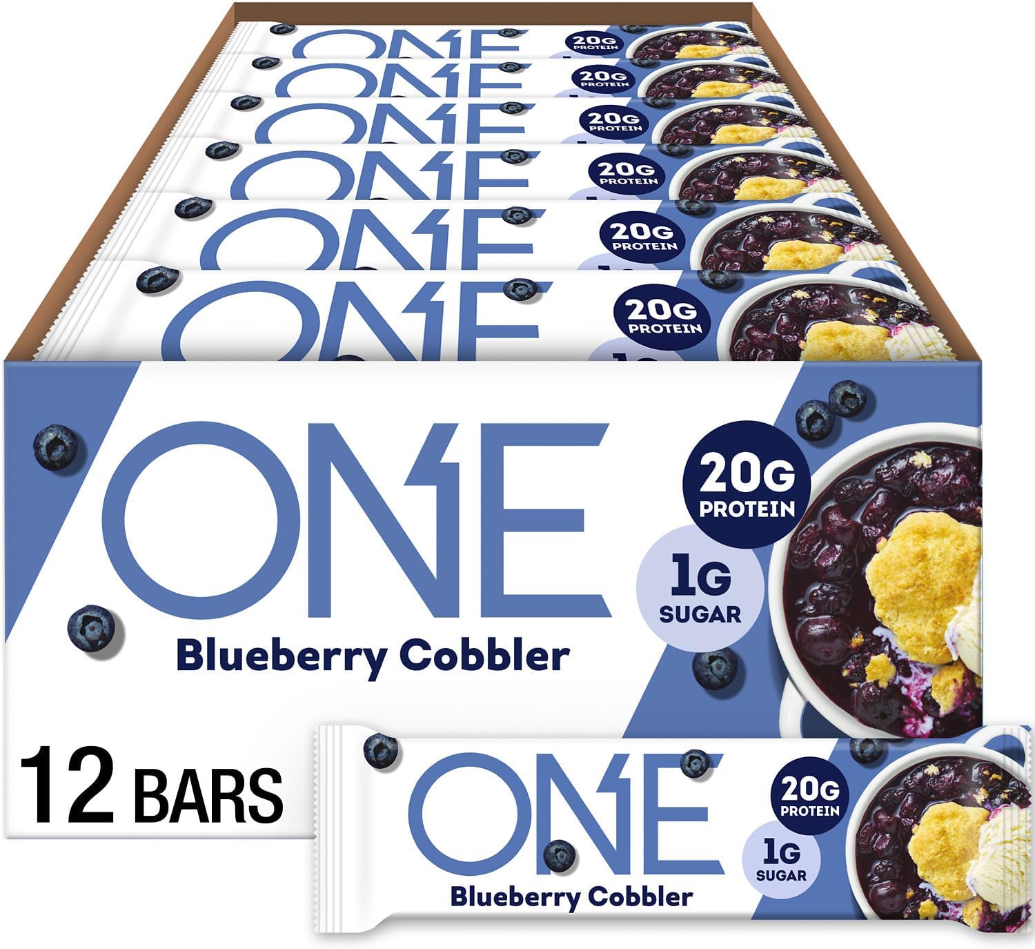 Protein Bars, Blueberry Cobbler, Gluten Free with 20g Protein and 1g Sugar, Pantry Staples, 2.12 oz (12 Count)