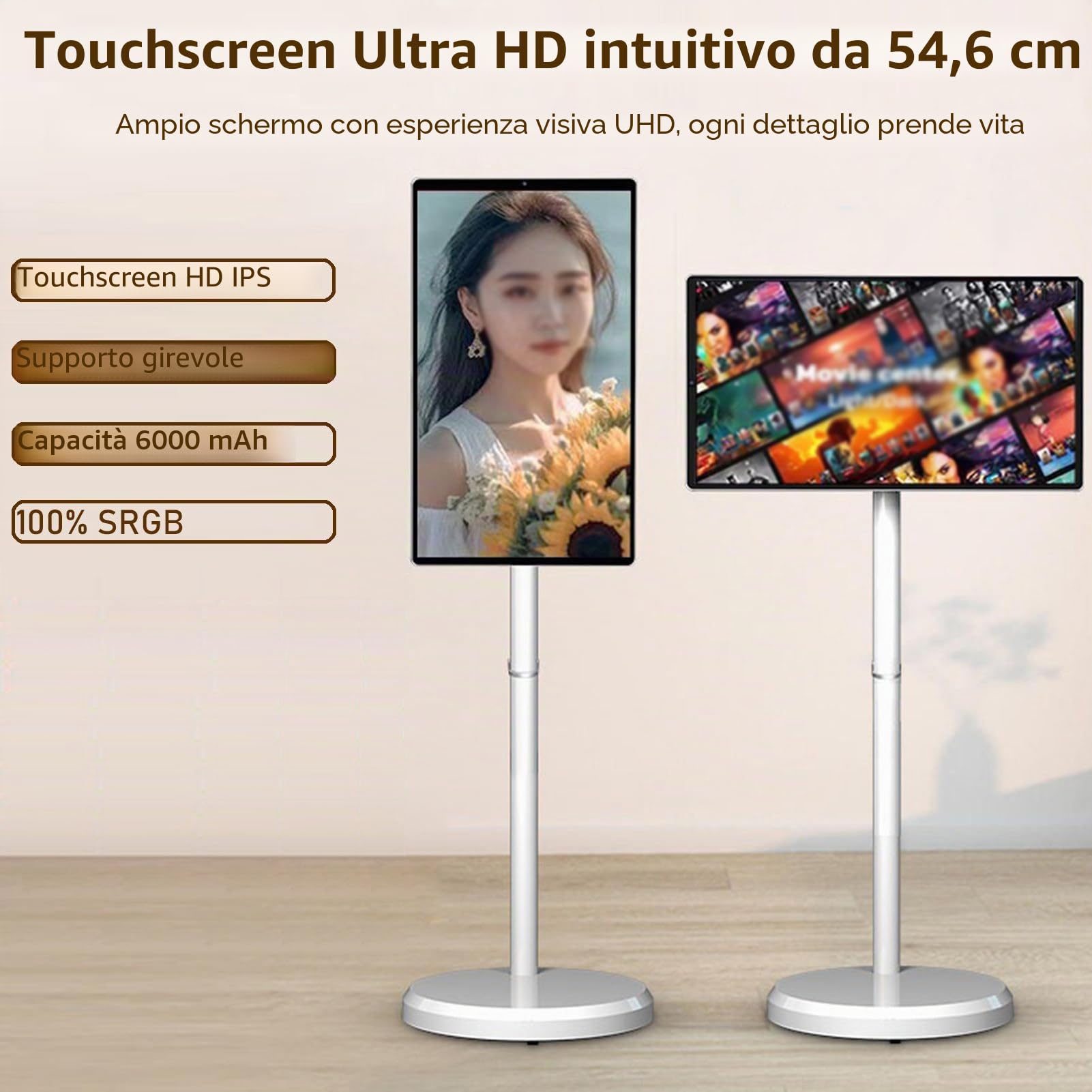 Smart TV Portatile Touch Screen da 21,5 Pollici, TV Mobile su Ruote con Sist-ema Operativo Android, 4 GB + 64 GB di Memoria, Batteria Integrata da 6000 mAh White-4+64G