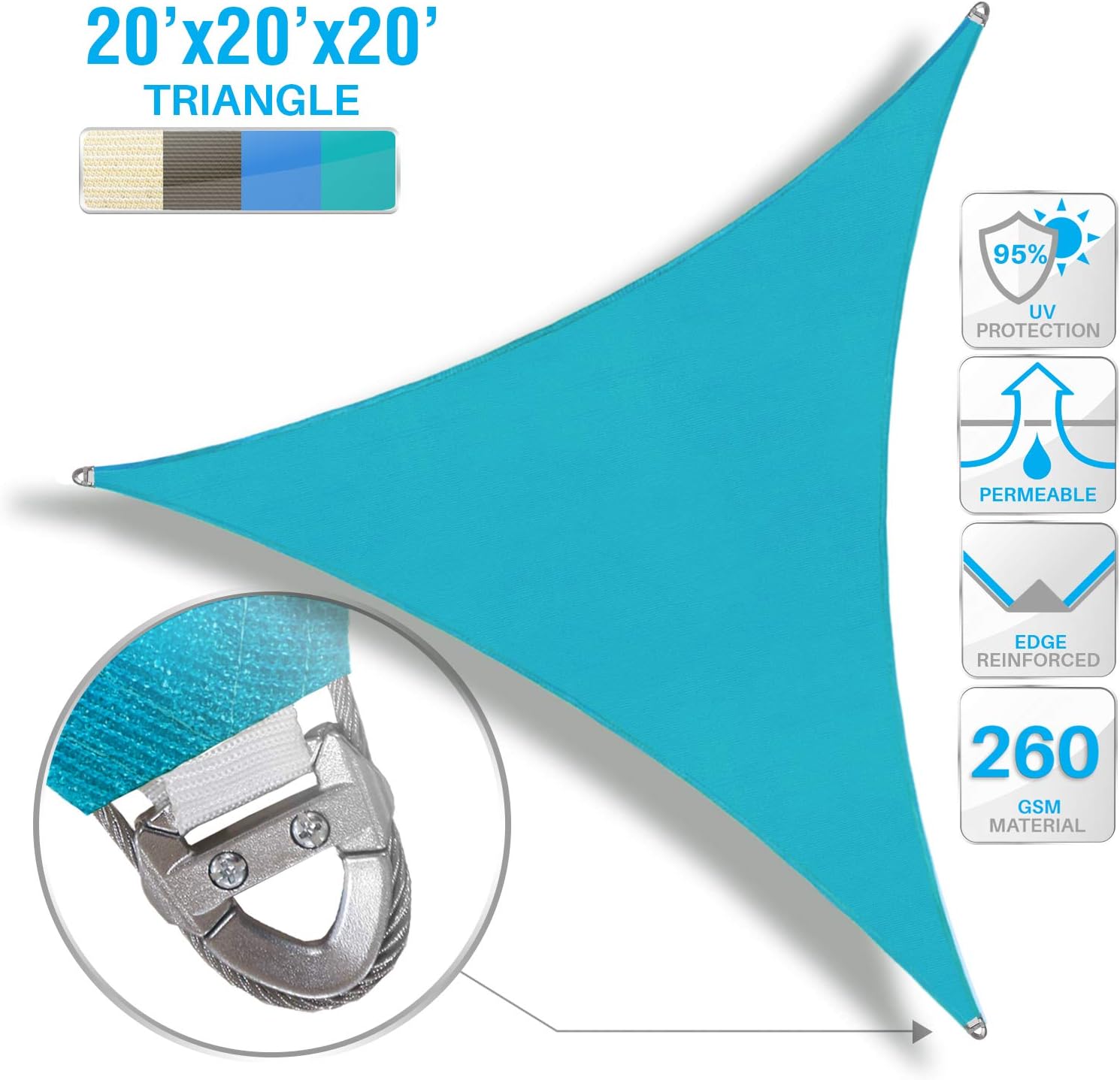 Patio Turquoise Sun Shade Sail 20' x 20' x 20' Equilateral Triangle Heavy Duty Durable Outdoor Canopy UV Block Fabric A-Ring Design Metal Spring Reinforcement with Hardware Kits