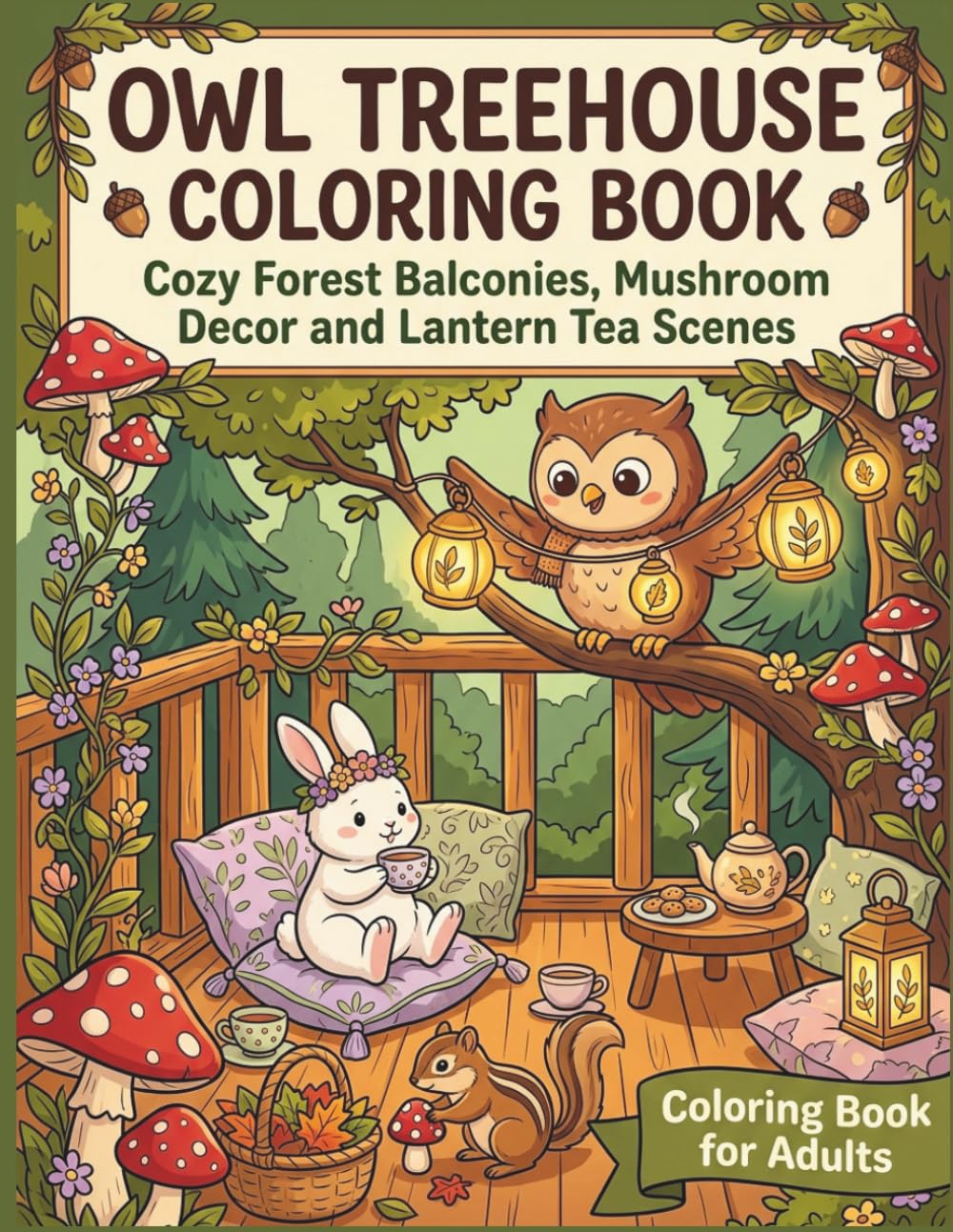 Owl Treehouse Coloring Book: Cozy Forest Balconies, Mushroom Decor, Lantern Tea Scenes, and Woodland Friends for Adults