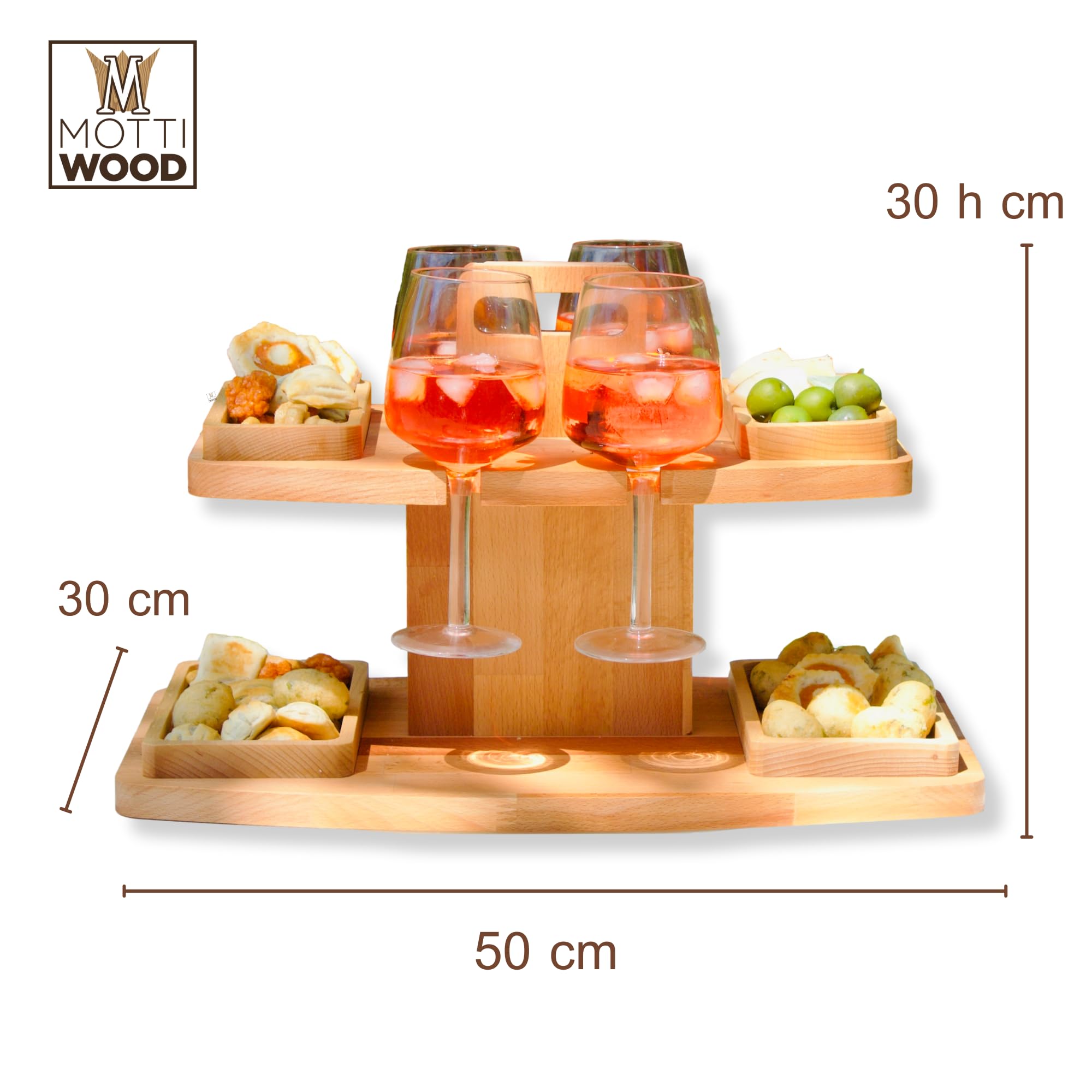 Vassoio Aperitivo 2 Ripiani, 4 Ciotole Estraibili, 4 Spazi Portabicchieri, Legno 100% Faggio, Tagliere Aperitivo Barca Trasportabile, 50x30x30hcm, Novità, Made in Italy