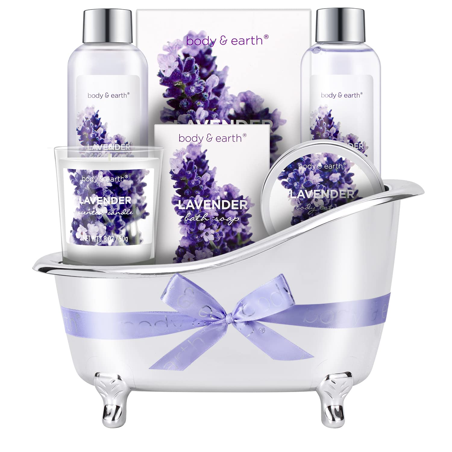 Gift Baskets for Women Body & Earth Gifts for Women, Skin Care Gifts Set 7Pcs Lavender Bath Kit, Spa Set with Shower Gel, Bubble Bath, Scented Candle, Birthday Gifts & Mothers Day Gifts for Her, Womens Home Gifts Idea, Mother's Day Gift, Gifts for Mom
