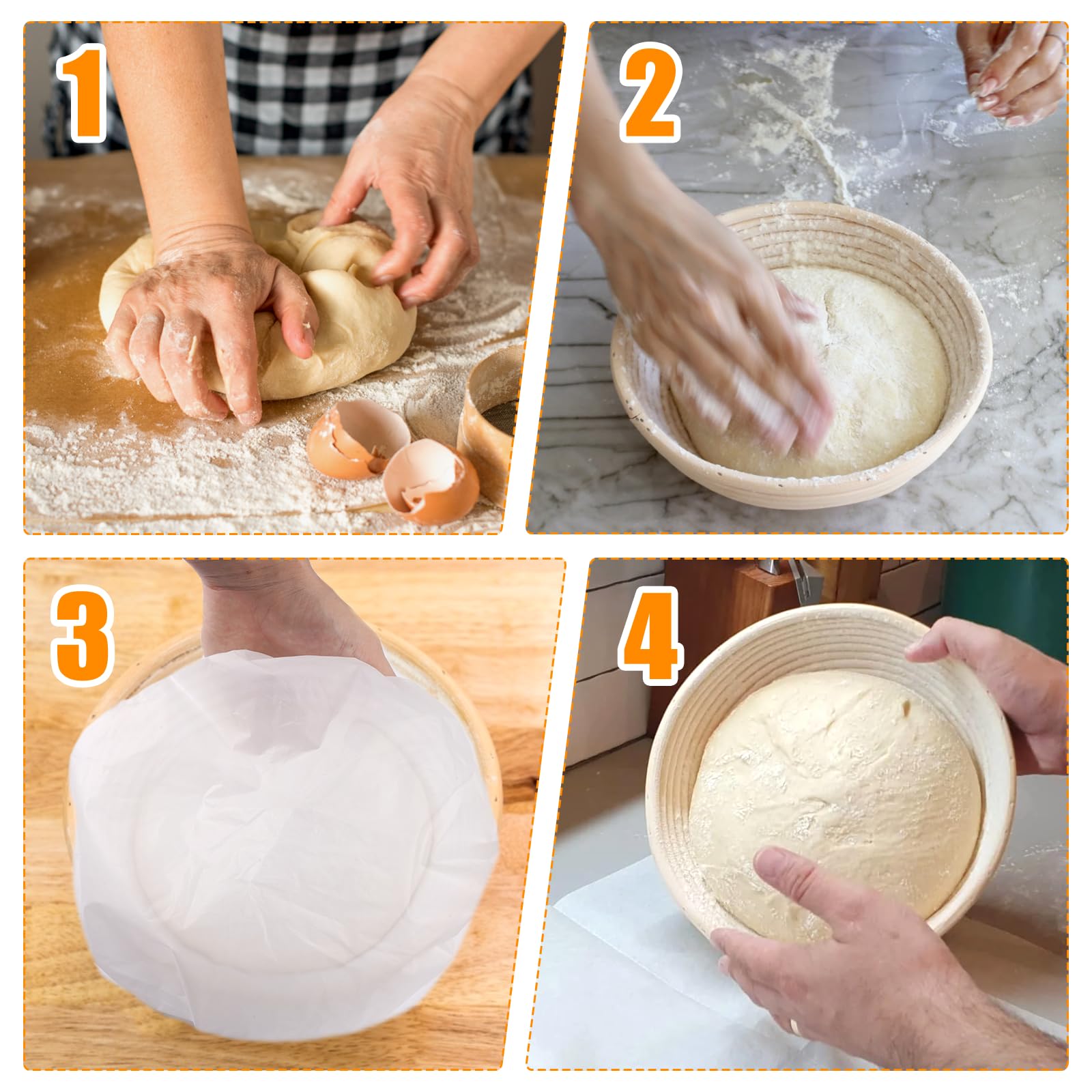 4 + 2 Pezzi 25 Cm Cestino Lievitazione Pane & 28 Cm Coperchio per Lievitazione del Pane, Inserto in Lino per Cestini di Lievitaziones per Di Cucina, Cottura in Casa