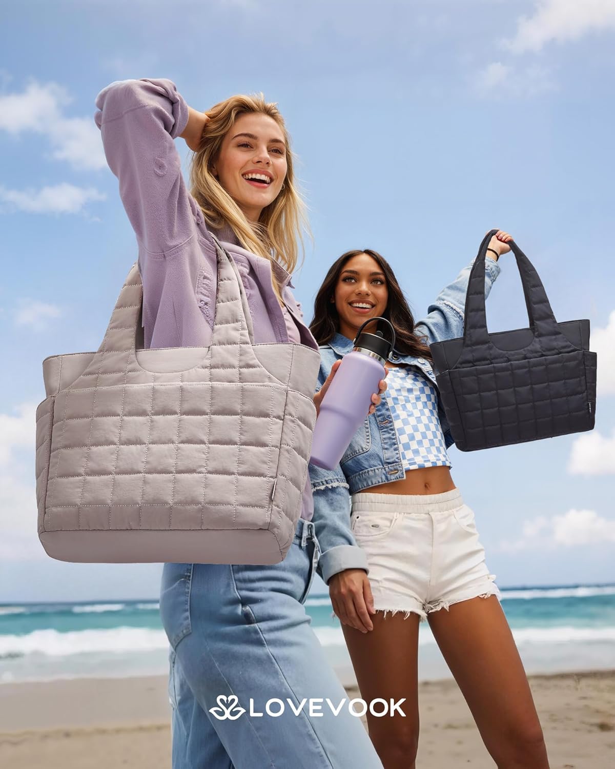 LOVEVOOK Tote Bag for Women, Stylish Quilted Puffer Tote Bag with Compartment, Lightweight Shoulder Bag for Travel Work Nurse