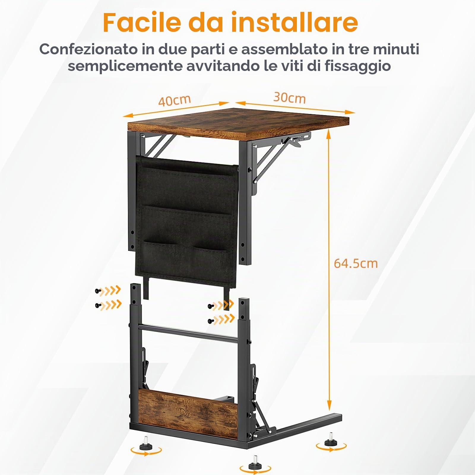 Bomclap C-Form - Tavolino pieghevole da divano, comodino con custodia, tavolino con struttura in metallo per soggiorno, camera da letto, ufficio, 30 x 40 x 64,5 cm