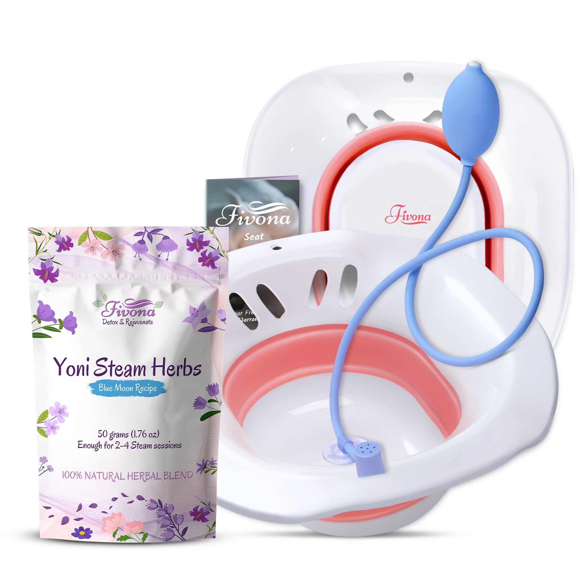 FIVONA Yoni Steam Kit 3-in1 Set - Herbal Therapy - Steaming Herbs Blue Moon Recipe 1.76oz for 2-4 Sessions - Expandable V Steam Seat - Hand Pump - Vaginal Cleansing - PH Balance - Fertility Increase