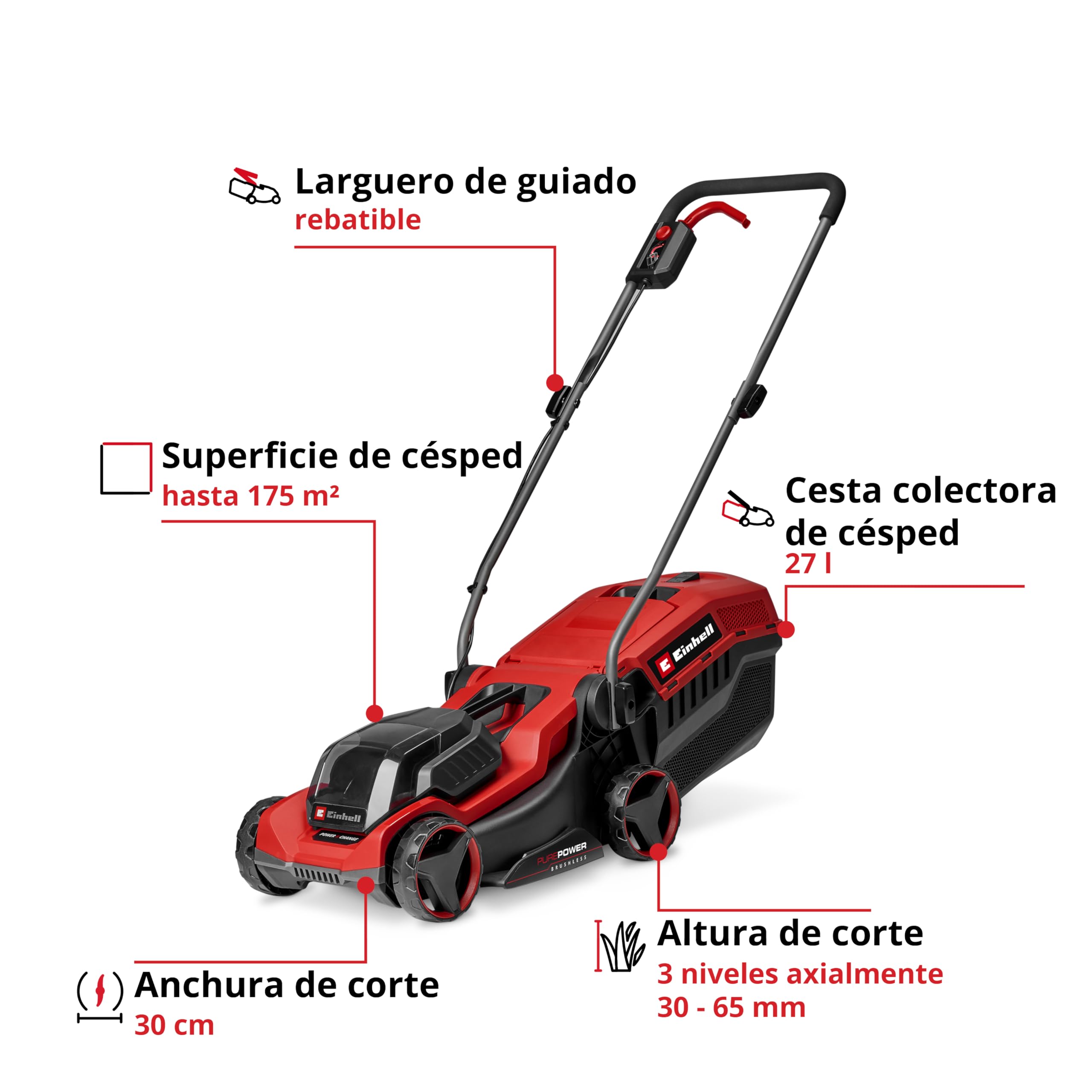 Einhell Cortacésped con batería GE-CM 18/30-1 Li BL (1x3,0 Ah) | PXC | 18 V | corte 30 cm | máx. 175 m² | Brushless | cesta recogedora de 27 l | altura corte 30–65 mm | batería de 3,0 Ah