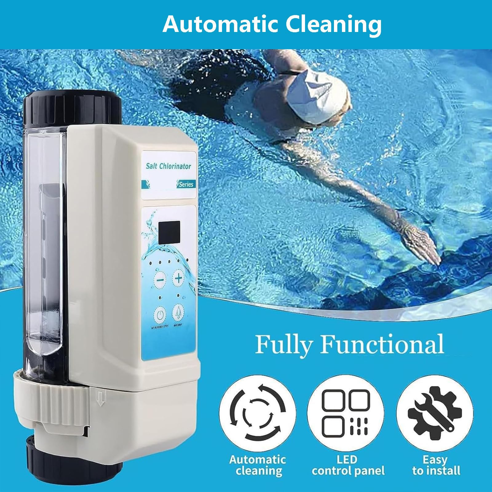 Clorador de agua salada para piscina, limpieza automática, detección de nivel de agua, incluye gafas de seguridad, salida: 8 g/h a 20 g/h
