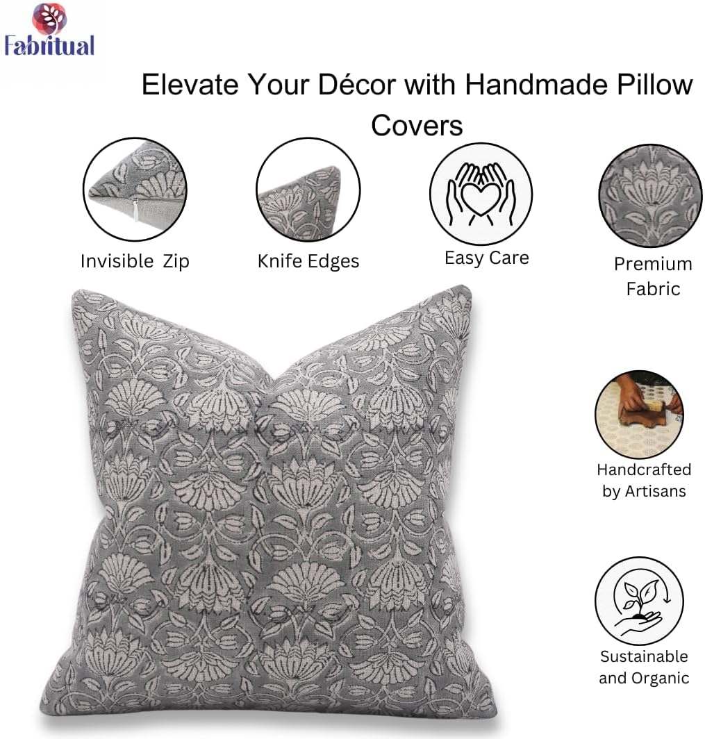 Block Print Thick Linen Throw 16X16 Pillowcase Cushion Cover, Summer Season Decoration for Sofa, Couch, Bed, Balcony, Outdoor, Living Room, Home Décor, Farmhouse, Ulta Kamal, Light Grey