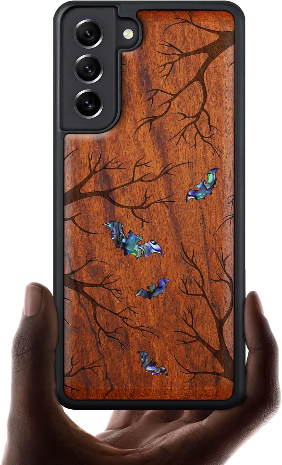 Carveit Designer Wooden Cover for Samsung Galaxy S22 Case [Wood Engraving & Shell Inlay] Compatible with Wireless Chargers S22 (Shadows of The Night-Rosy)