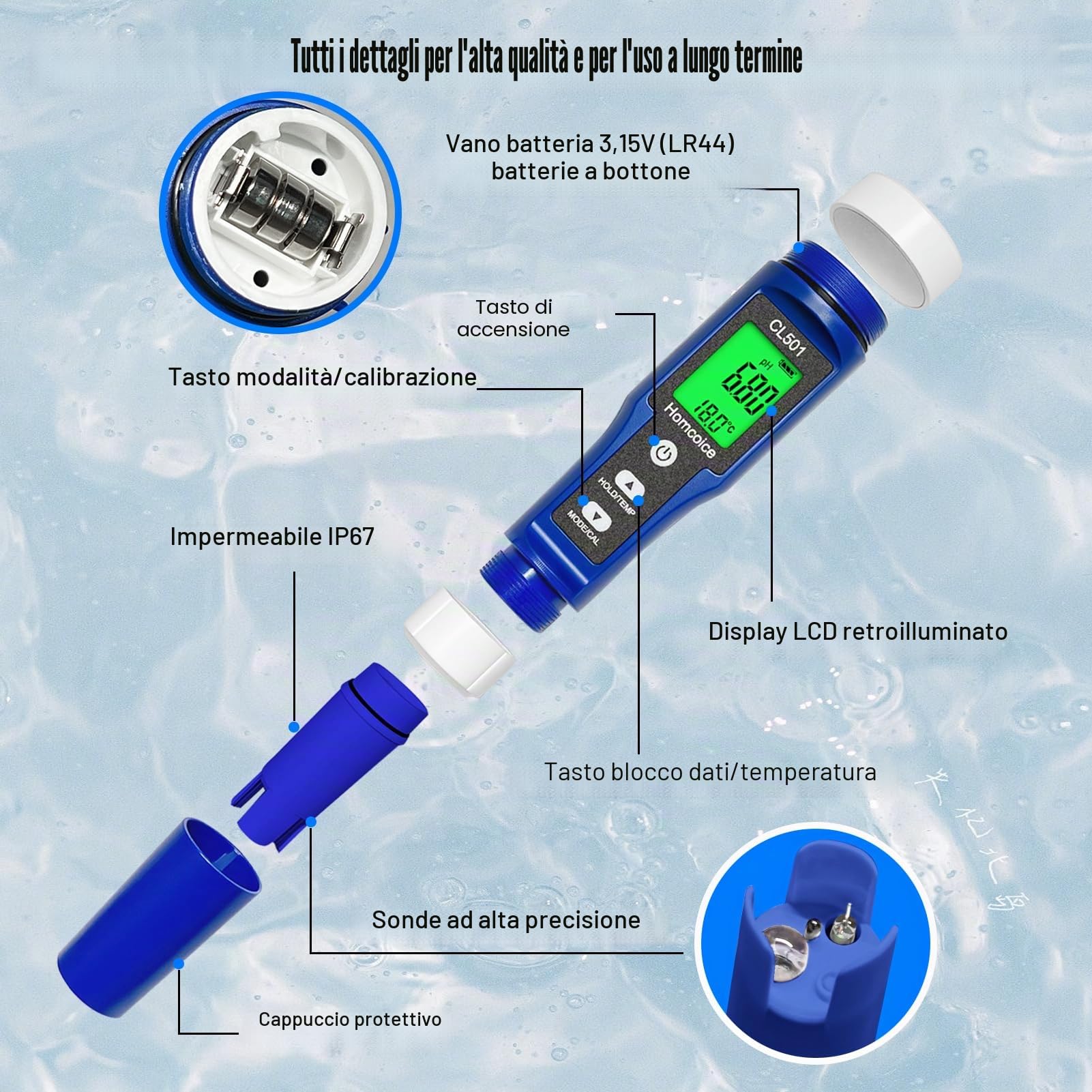 Misuratore pH Cloro Piscina 5 in 1, misurazione accurata pH Cloro ORP H₂ (ricco di idrogeno) Temperatura Meter, Tester Qualità Acqua per acqua potabile, acquario, idroponica