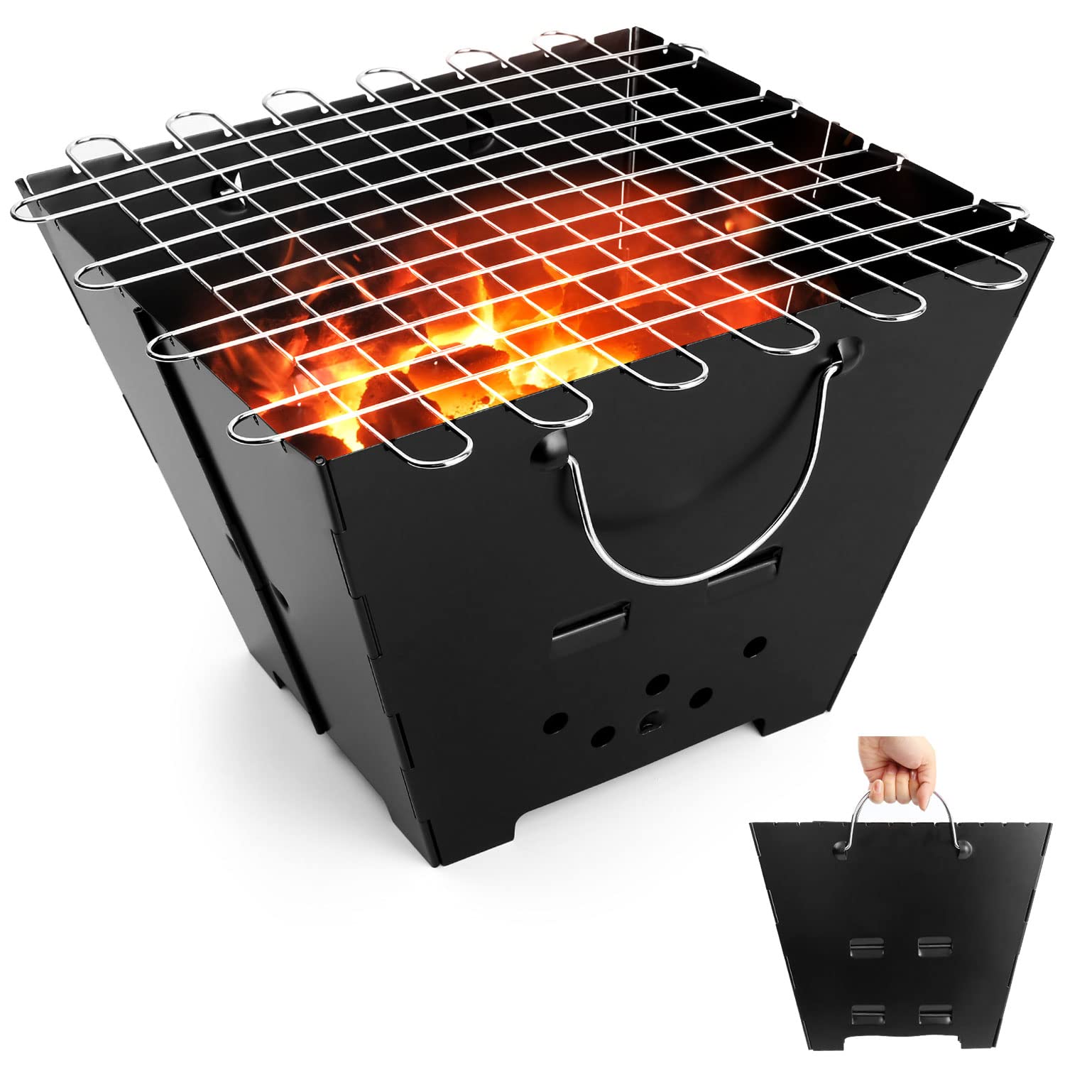 Odoland Collapsible Campfire Grill Camping Fire Pit, Heavy Duty Portable Camping Grill with Carrying Bag