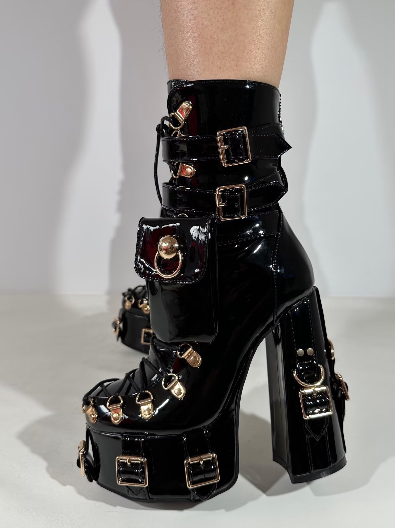 Frankie Hsu Stivaletto corto con tacco alto zeppa piattaforma vernice nera tacco spesso moda cheerleader Lolita grande dimensione fibbia tasca cintura pizzo stivaletti per ragazza donna uomo, nero,