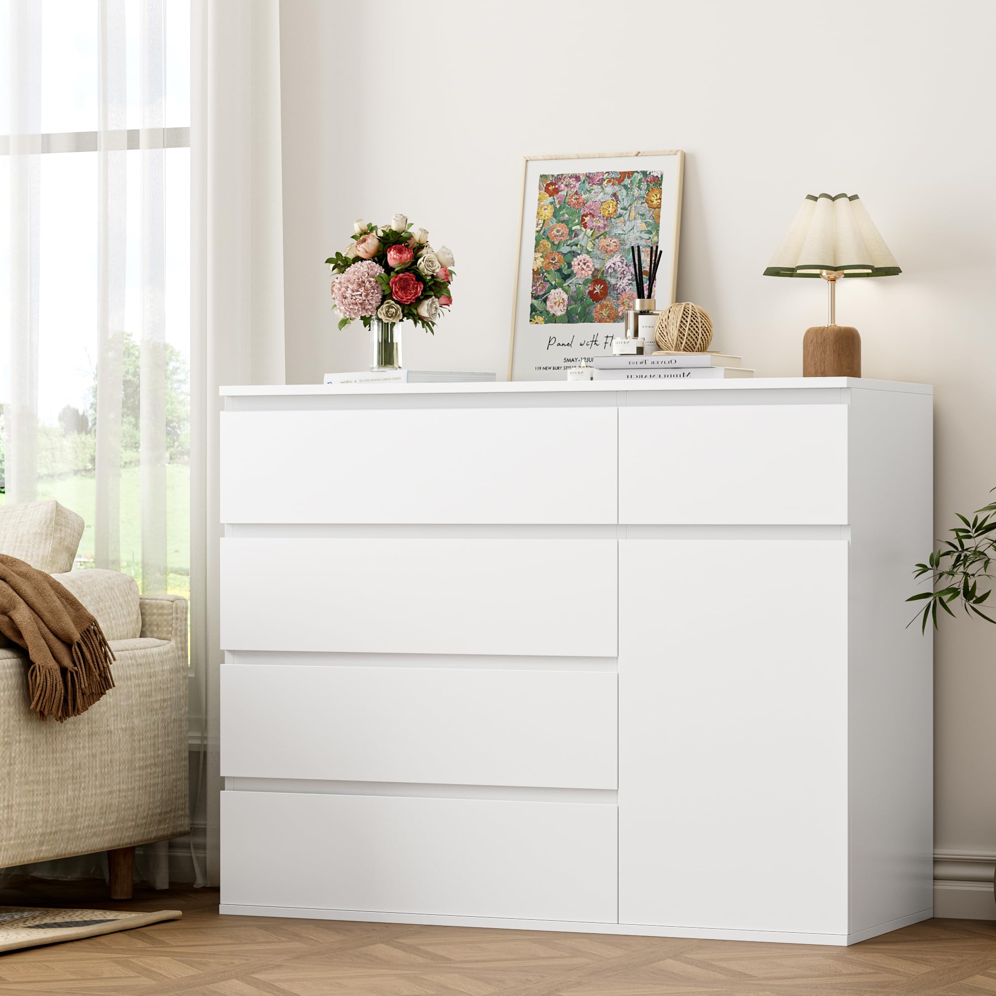 FOREHILL Cassettiera Bianca con 5 Cassetti e 1 Ante,Cassettiera Camera da Letto in Legno,Mobiletto Multiuso per camera da letto, Soggiorno, Studio, Corridoio 100x40x80 cm Spedito in 2 pacchi Bianco
