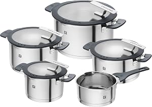 ZWILLING Simplify Kochtopf-Set 5-teilig, Mit Ausgießfunktion, Stay-Cool-Griffe, Induktionsgeeignet, Edelstahl, Grau