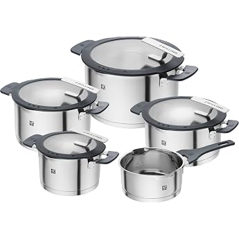 ZWILLING Simplify 5-Piece Saucepan Set with Pouring Function, Stay Cool Handles, Induction Safe, Stainless Steel, Grey