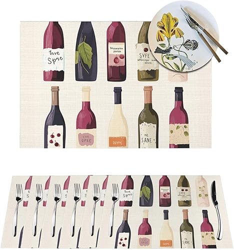 6 PCS PVC Placemats Set Place Mats Cute Wines Bottle Non-Slip Weave Place Mats 12" x 18" Farmhouse Table Mat Set for Family Dinners Wedding Parties