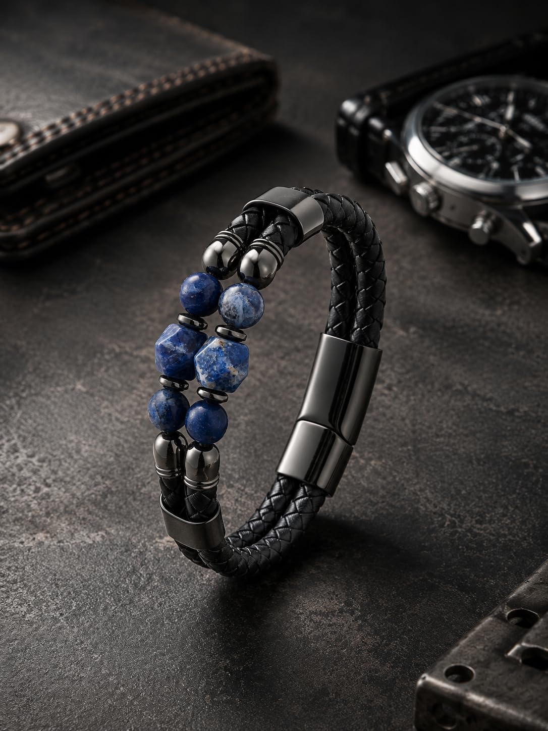 Black Braided Leather Bracelet for Men with Turquoise, Lapis Lazuli, Tiger Eye, Obsidian Stone Double-Row Wristband Beads with Stainless Steel Clasp Fashion Jewelry Gift for Him - Image 6