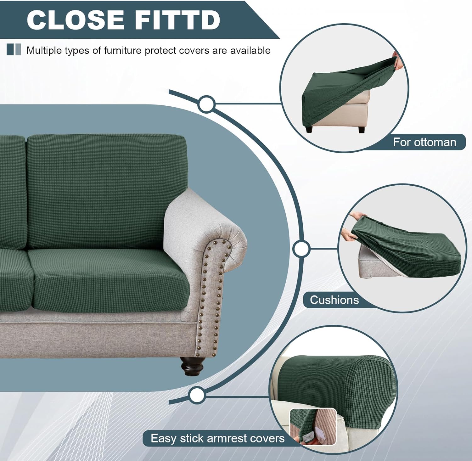 Seat Cushion Cover and Back Covers for Corner Sofa Stretch Jacquard, Non Slip L Shaped Sofa Slipcover with Storage Ottoman, Sectional Couch Cover for Chaise Lounge (Green,Corner Back Cover)