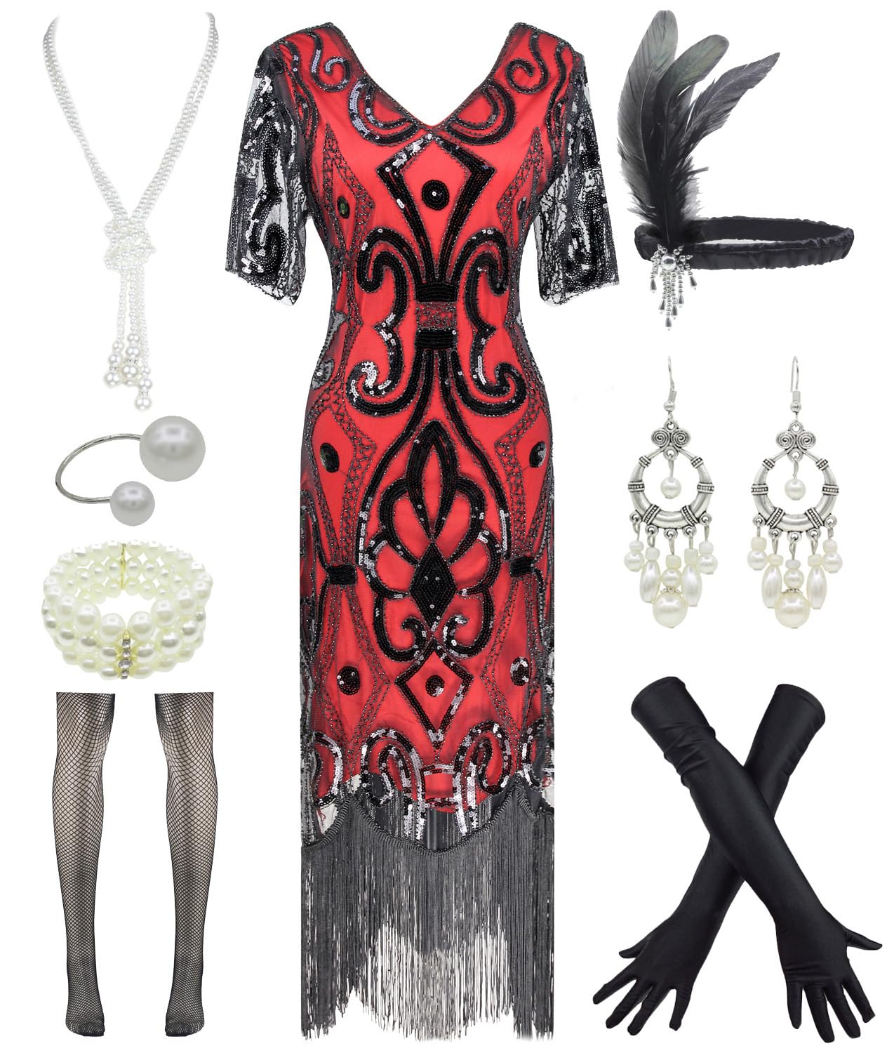 Women 1920s Gatsby Vintage Sequin Flapper Fringe Party Plus Dress with 20s Accessories Set