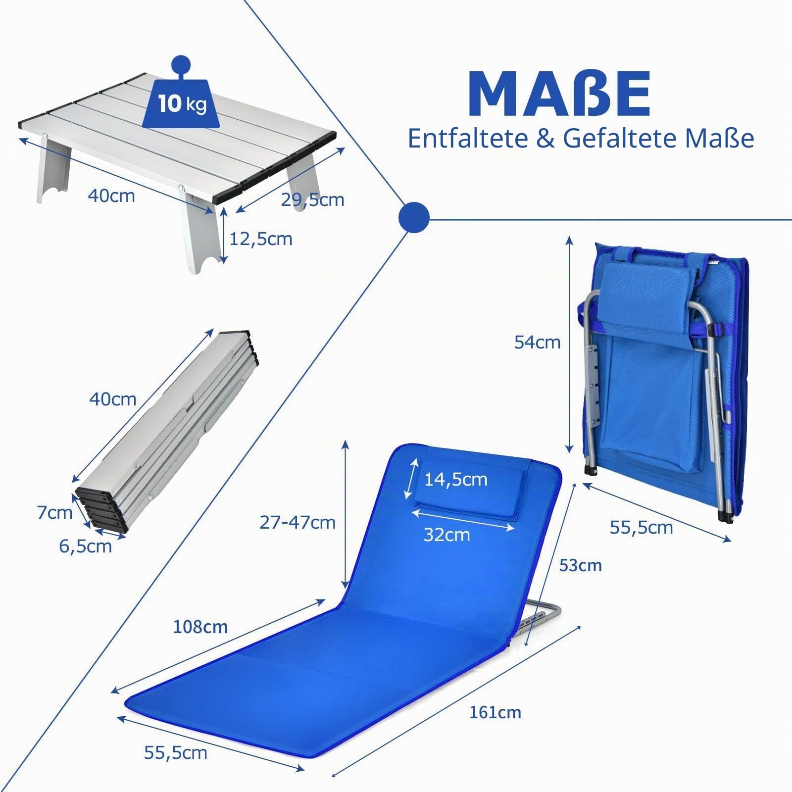 FANTASK 2er Set Strandmatte mit Beistelltisch, Kopfkissen & Staufach, Liegematte mit Verstellbarer Rückenlehne, Strandliege für den Strand (Blau)