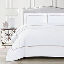 BedDecor Luxury 400 Thread Count Egyptian Cotton 3 Piece Embroidered Duvet Cover Set Scalloped Double Stripe Border with Pillow Shams King Brown