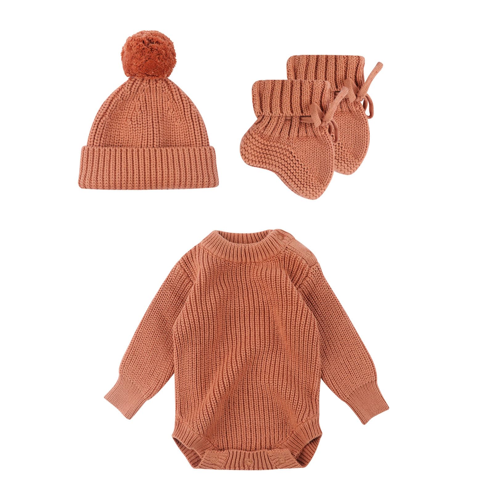 Da 3 / set per neonato in maglia, morbido e traspirante, pagliaccetto lavorato a maglia, cappello e calzini coordinati per a 6 mesi età, adorabile set maglieria per