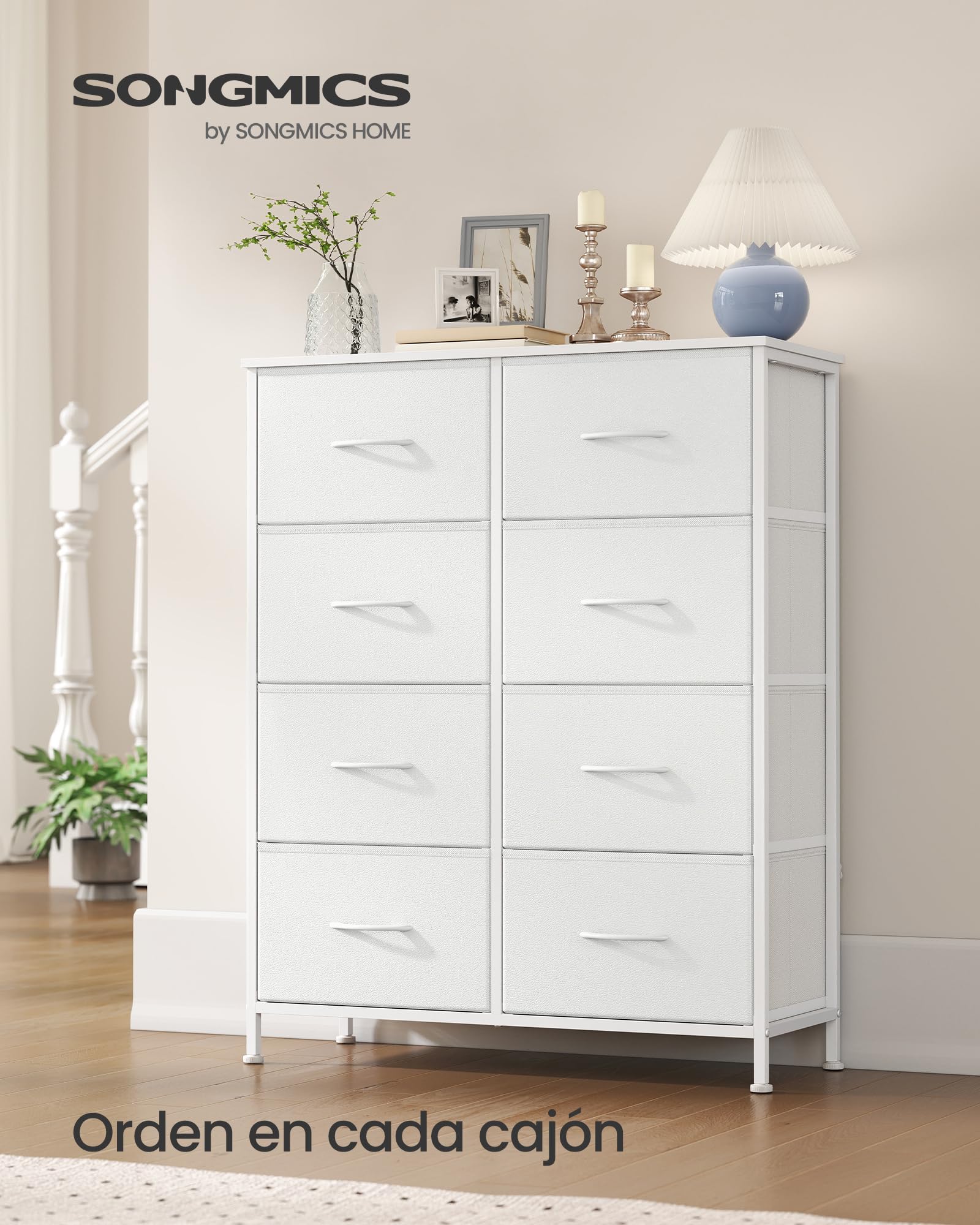 SONGMICS BELLAH Colección - Cómoda, 8 Cajones de Tela, Acero, MDF, Tela no Tejida, para Dormitorio, Armario, Pasillo, Salón, Blanco Nube y Blanco Nieve LGS124WH01