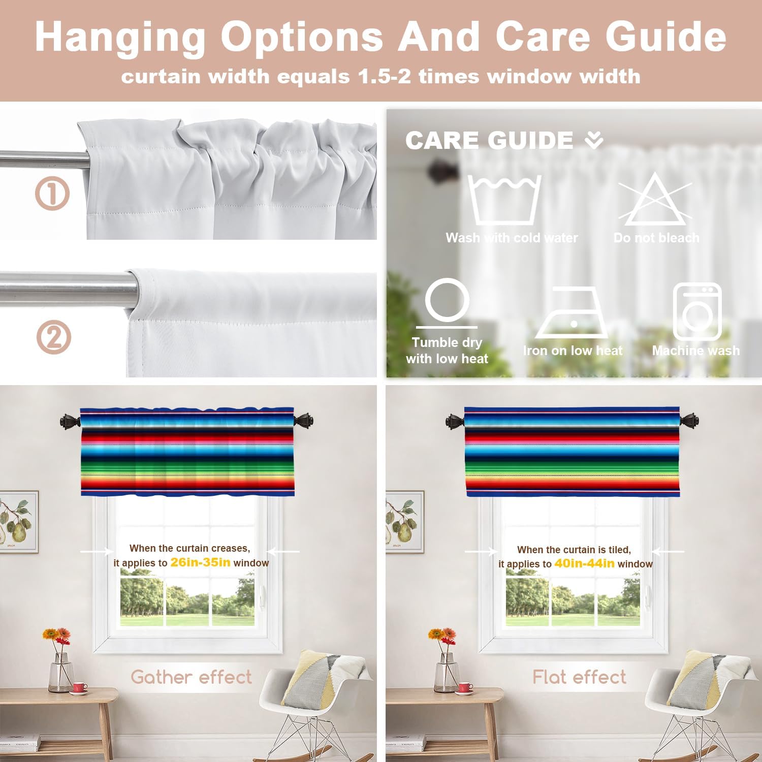 Shrahala Purplish Blue Mexican Stripes Kitchen Valances, Red Ethnic Serape Half Window Curtain Window Treatment Multilayer Polyester Blackout for Living Room Bathroom 2 Pack 52 x 16 in