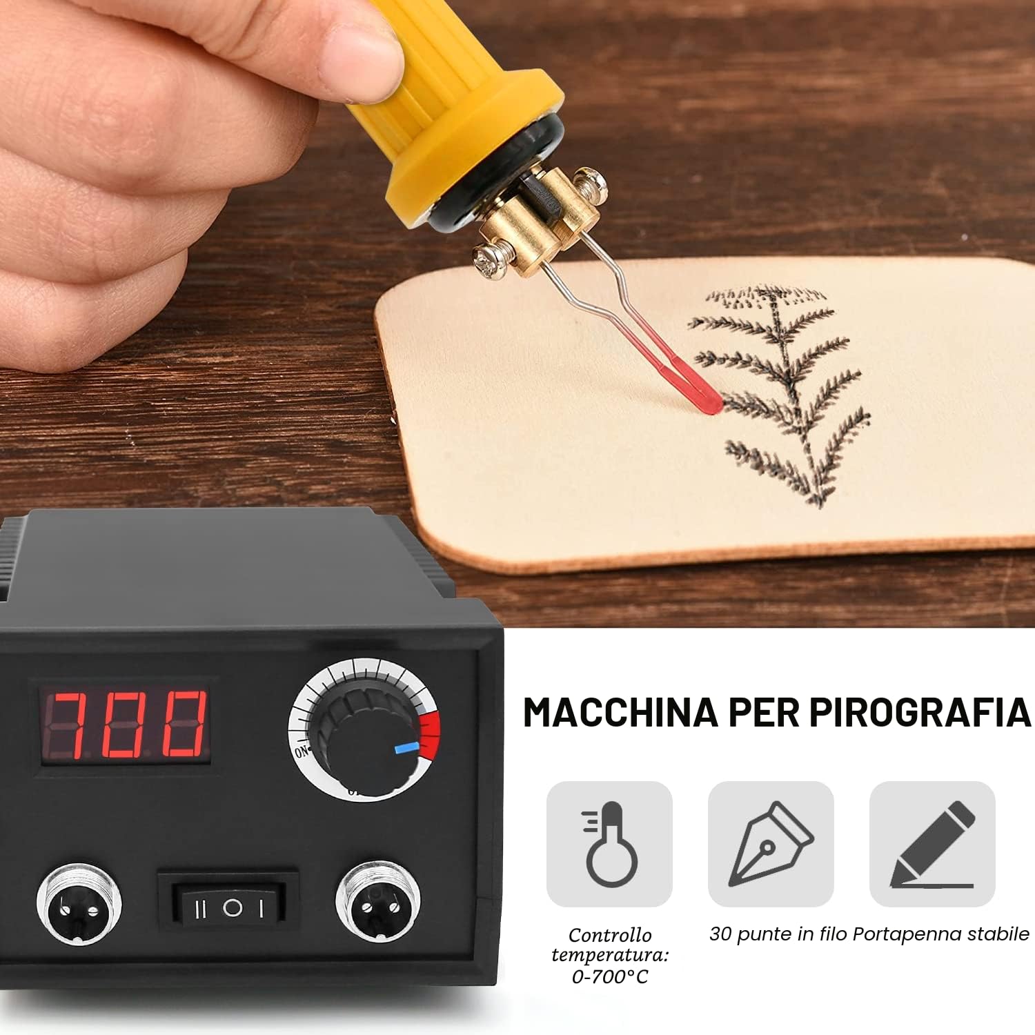 Macchina per Pirografia, Luriseminger 60W Pirografo per Legno Professionale Digitale Temperatura Regolabile 0-700 ℃ Pirografia Legna 2 Penne 30 Teste di Penna per Legno, Pelle, Zucca