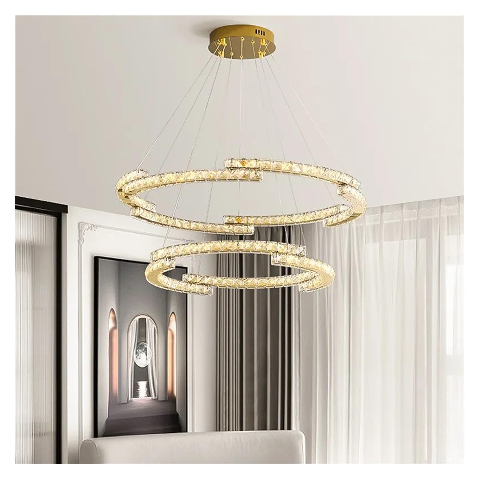 Nowoczesne lampy wiszące z jasnymi kryształami i diodami LED, luksusowy żyrandol do wejścia, oświetlenie domu, felgi stalowe, oprawy oświetleniowe (2 pierścienie D100 80 cm, białe światło)