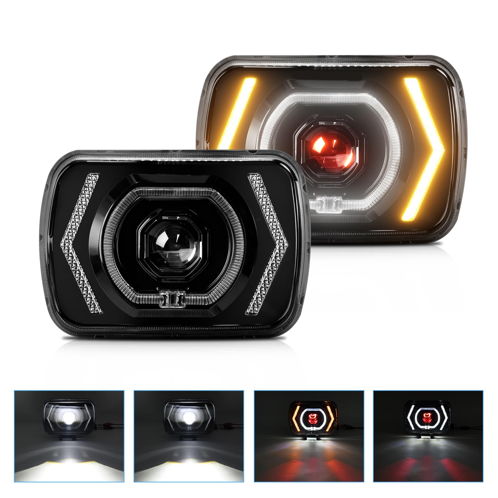 Fari a LED con Abbaglianti, Anabbaglianti, Luci Diurne e Indicatori di Direzione per Auto e Moto, 2 Fari Rettangolari
