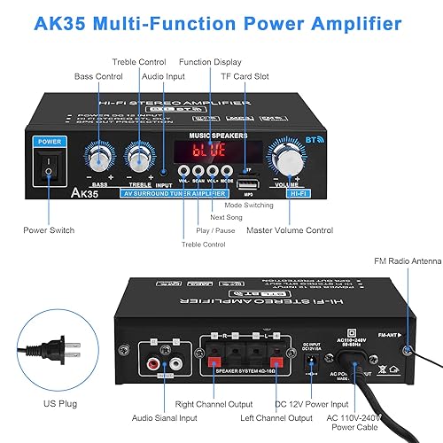 Miniatura 6 de Amplificador de audio para el hogar AK-35 HiFi Bluetooth 5.0 Mini Receptores de amplificador de potencia estéreo 2.0 canales RMS 30W x 2 Máx. Salida
