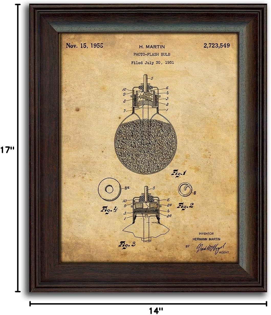 2 pc Photographer Patent Prints - Camera and Flash Bulb - 14 in x 17 in Framed Behind Glass