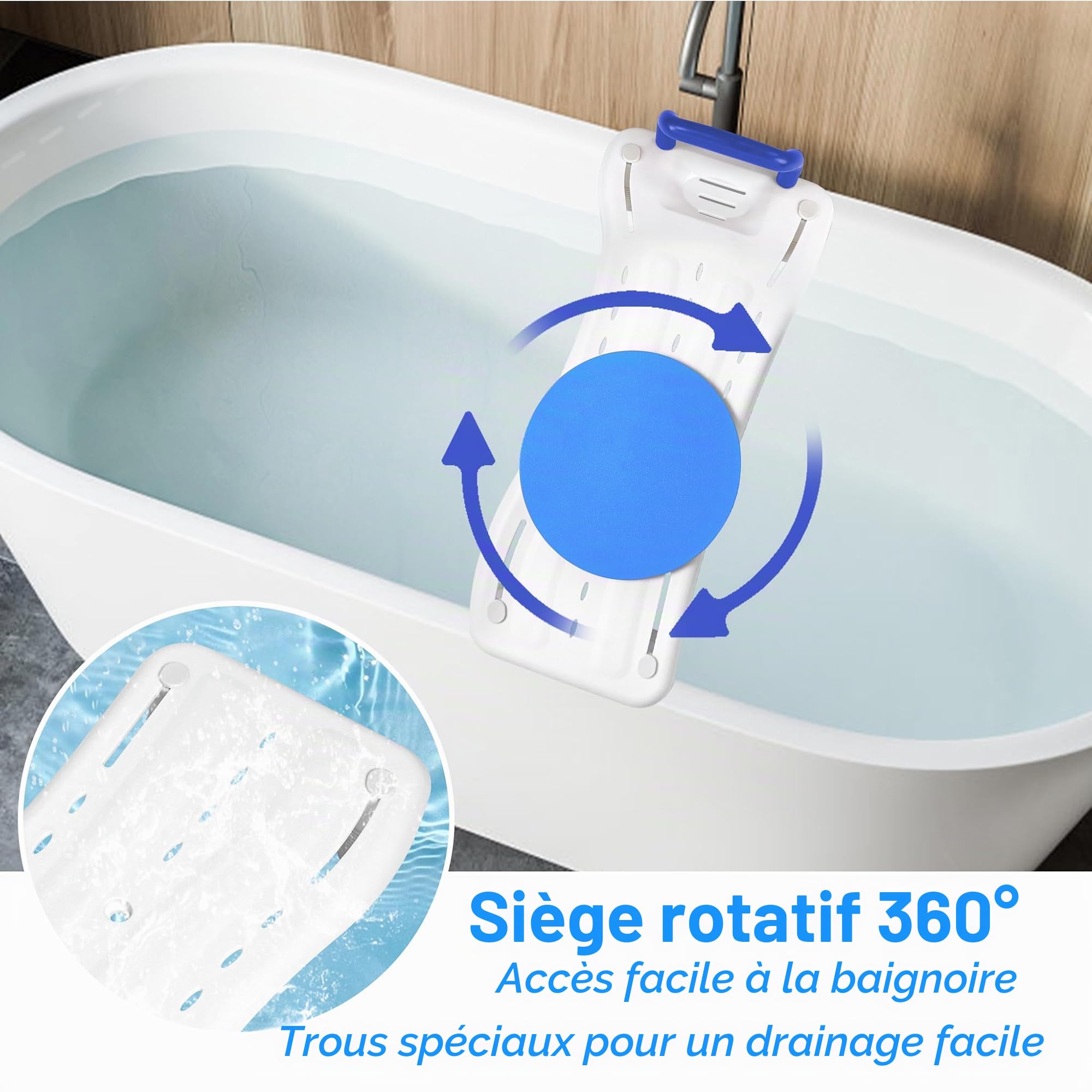Chaise de baignoire pour personnes âgées 70 x 31 cm, réglable 41-63 cm, étagère, étagère de bain, porte-savon & poignée ergonomique, 150 kg, poignée bleue + plateau tournant