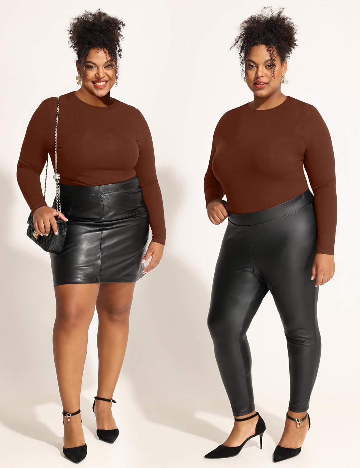 FOREYOND Plus Size Bodysuits for Women Long Sleeve Crew Neck Body Suit Tops Casual Slim Fit Basic Leotards Shirts